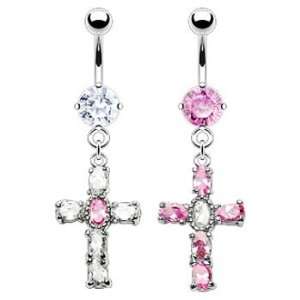  Jeweled navel ring with dangling two tone jeweled cross, B 