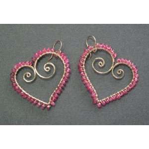  14k Gold Filled Earrings Hammered hearts wrapped with Ruby 