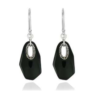   Silver Marcasite and Onyx Colored Glass Wire Earrings Jewelry