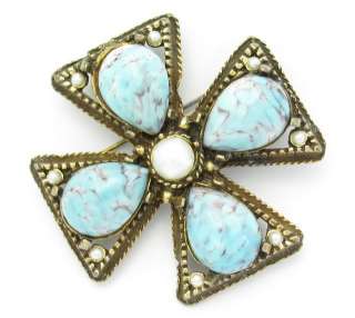 Maltese Cross Pin Faux Turquoise Art Glass Brooch Pendant Shabby 