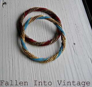 vtg Red Blue & GOLD BEADED BRAIDED INDIA BANGLE Bracelets  