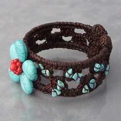 Cotton and Wire Turquoise/ Coral Flower Cuff Bracelet (Thailand 