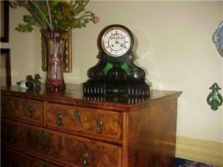 ANTIQUE FRENCH LG. MANTLE CLOCK~BLACK MARBLE W/GREEN MALACHITE~LOVELY 