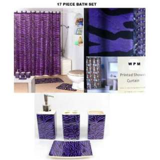 17 piece Bath Accessory Set Purple zebra print shower curtain Bathroom 