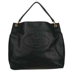 Prada Vitello Daino Black Leather Logo Hobo Bag  