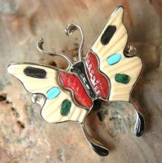   ZUNI Indian Sterling Silver Multi Gem Inlay Butterfly Pendant  