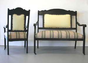 Antique Victorian Settee in Black Satin Lacquer with Black Chiffon and 