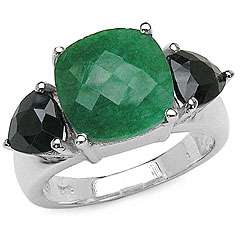Silver Emerald and Black Sapphire 3 stone Ring  