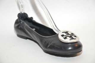 TORY BURCH Reva Black Leather Ballet Flat Silver Logo Womens Shoes 8 M 