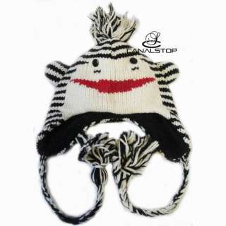 100% Wool Zebra Monkey Animal Cap Earmuff Plush Hat  