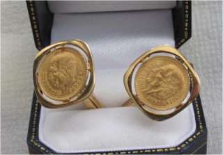 GOLD CUFFLINKS MEXICO 2 PESO COIN, COINS 1945, 22K  