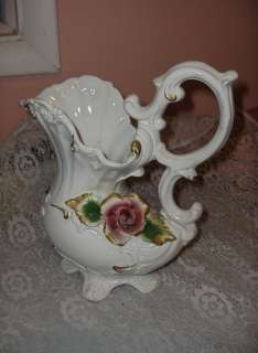   Antique Capodimonte Porcelain China Red Rose Pitcher Vase Signed Italy