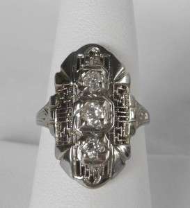 ANTIQUE 18K WHITE GOLD ART DECO 3 STONE.58 CT OLD MINE DIAMOND RING 