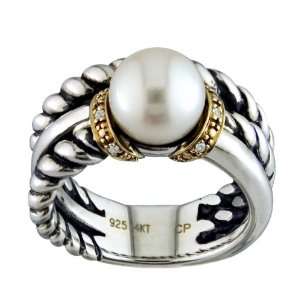   Sterling Silver Freshwater Pearl and Diamond Ring. Size 7 TR 10054 AM
