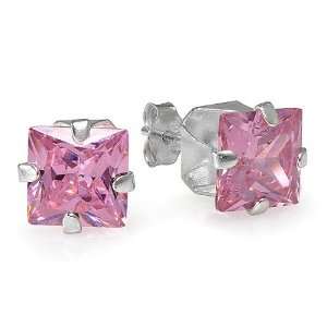  Sterling Silver 6mm Pink CZ Cubic Zirconia Square Stud 