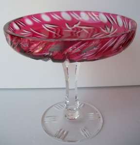 Nice Vintage Pinkish Red Cut To Clear Glass Footed Compote Dish  