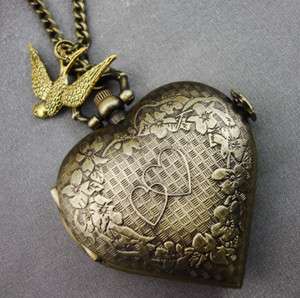   Gold Heart Pocket Watch Locket Necklace Swallow LARGE Steampunk  
