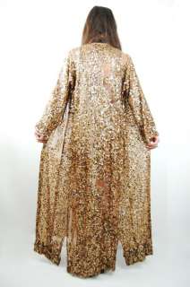 Vtg 70s Copper METALLIC Sequin Silk Semi Sheer GYPSY Draped Maxi Dress 