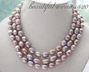 3row 14mm lavender rice freshwater pearl necklace  