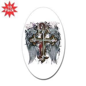   Sticker (Oval) (10 Pack) Cross Angel Wings 