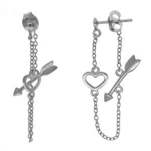   Sterling Silver Heart Cupid Arrow Front Back Chain Earrings Jewelry