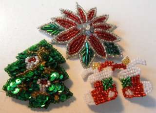 Christmas Beaded Sequin Pin & Earrings Lot Poinsettia Tree Stockings 