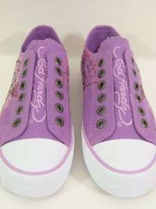 Ed Hardy women roses eggplant purple rhinestones sneakers shoes NEW 