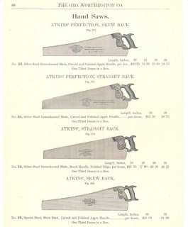 1902 Atkins Wood Hand Saw Antique Catalog Ad  