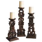   Home Furnishings Set of 3 Carved Wooden Scroll Pillar Candle Holders