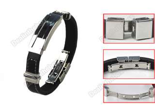 Mens Black Cool Stainless Steel Rubber Bracelet Cuff Wristband 