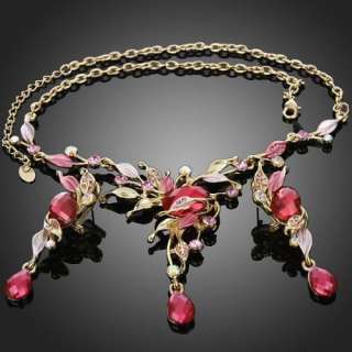 ARINNA Lady Leaf Oval Teardrop Ruby Pink Rhinestone Necklace Earring 