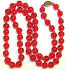 27 LONG VINTAGE ART DECO JEWELRY RED GLASS BEAD NECKLACE ORNATE 