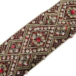  1 Yd Red Hand Beaded Sequin Border Trim Ribbon Lace New 