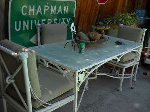 Metal Patio Table w/Glass Top & Four Upholstered Chairs  