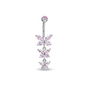 014 Gauge Triple Butterfly Belly Button Ring with Pink Cubic Zirconia 