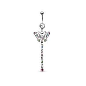 014 Gauge Butterfly Dangle Belly Button Ring with Multi Colored Cubic 
