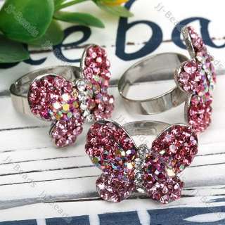 Pink AB Crystal Rhinestone Butterfly Adjustable Ring  