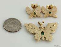  Emerald & Genuine Diamond Butterfly Pendant & Earring Set   14k Gold