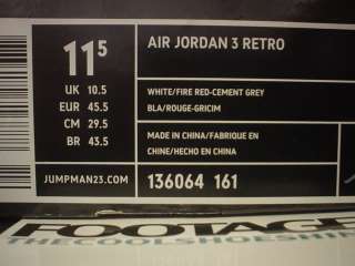 2006 Nike Air Jordan III 3 Retro WHITE FIRE RED CEMENT GREY BLACK Sz 