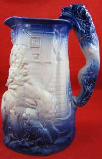   CERAMIC PITCHER DOG Handle ART Royal Crownford Blue White Dogs Water