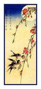   Hiroshige Bird Swallows Peach Blossoms Moon Counted Cross Stitch Chart