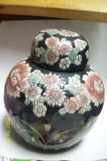 Vintage Ginger Jar Urn Black Handpainted Flowers Pink Green Porcelain 