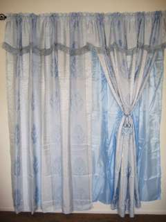 Blue Jacquard Window Curtains+Valance+Backing  