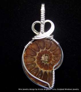 polished AMMONITE FOSSIL Sterling Silver WIRE WRAP PENDANT  