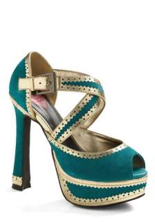 Fairy Teal Romance Heel   Green, Gold, Buckles, Cutout, Trim, Wedding 