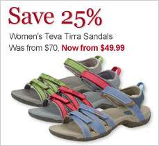 Save 25%. Womens Teva Tirra Sandals. Was from $70, Now from $49.99.