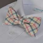 MENS PASTEL LIGHT YELLOW & PINK / TEAL PLAID CHECKED DRESS BOW TIE 
