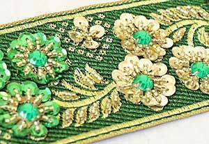 Hand Beaded, Jacquard Trim. Floral Bouquet. Green, Gold  