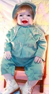 Large reborn baby toddler doll Vintage outfit german full glass blue 