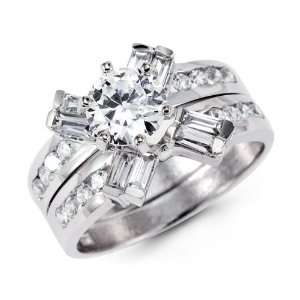 14K White Gold Round CZ Cubic Zirconia Solitaire Engagement 2 Two Ring 